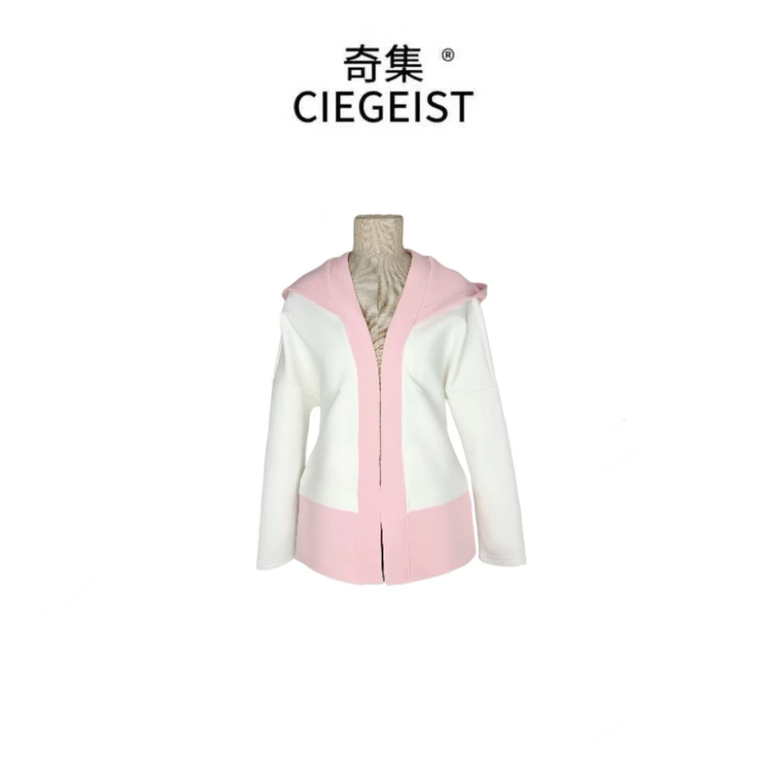 2025秋冬设计师款宽松大版百搭韩版时尚拼色大巫师帽连帽外套2160