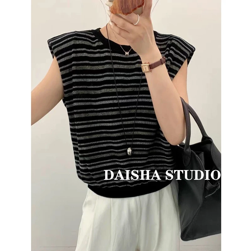 垫肩夏季新款时尚圆领条纹针织背心女宽松显瘦百搭无袖薄上衣441