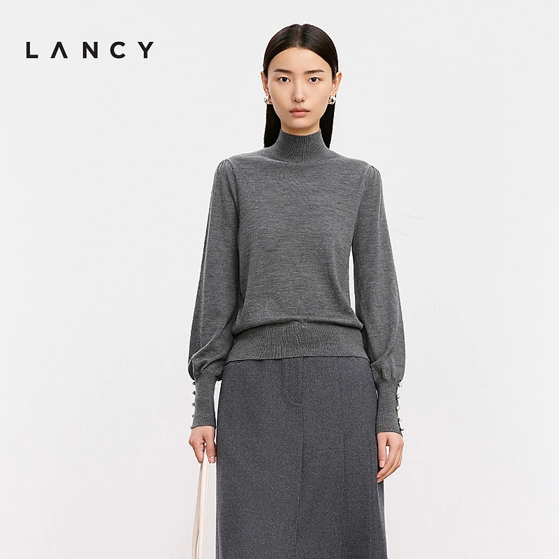 LANCY/朗姿2024冬新款羊毛设计感高领修身针织衫通勤气质打底衫女