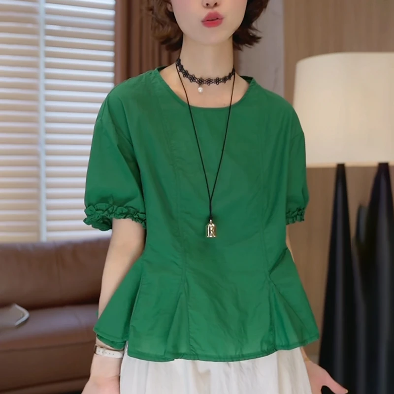 2025新款圆领绿色衬衫女夏季时尚显瘦减龄收腰遮肉高级感短袖上衣