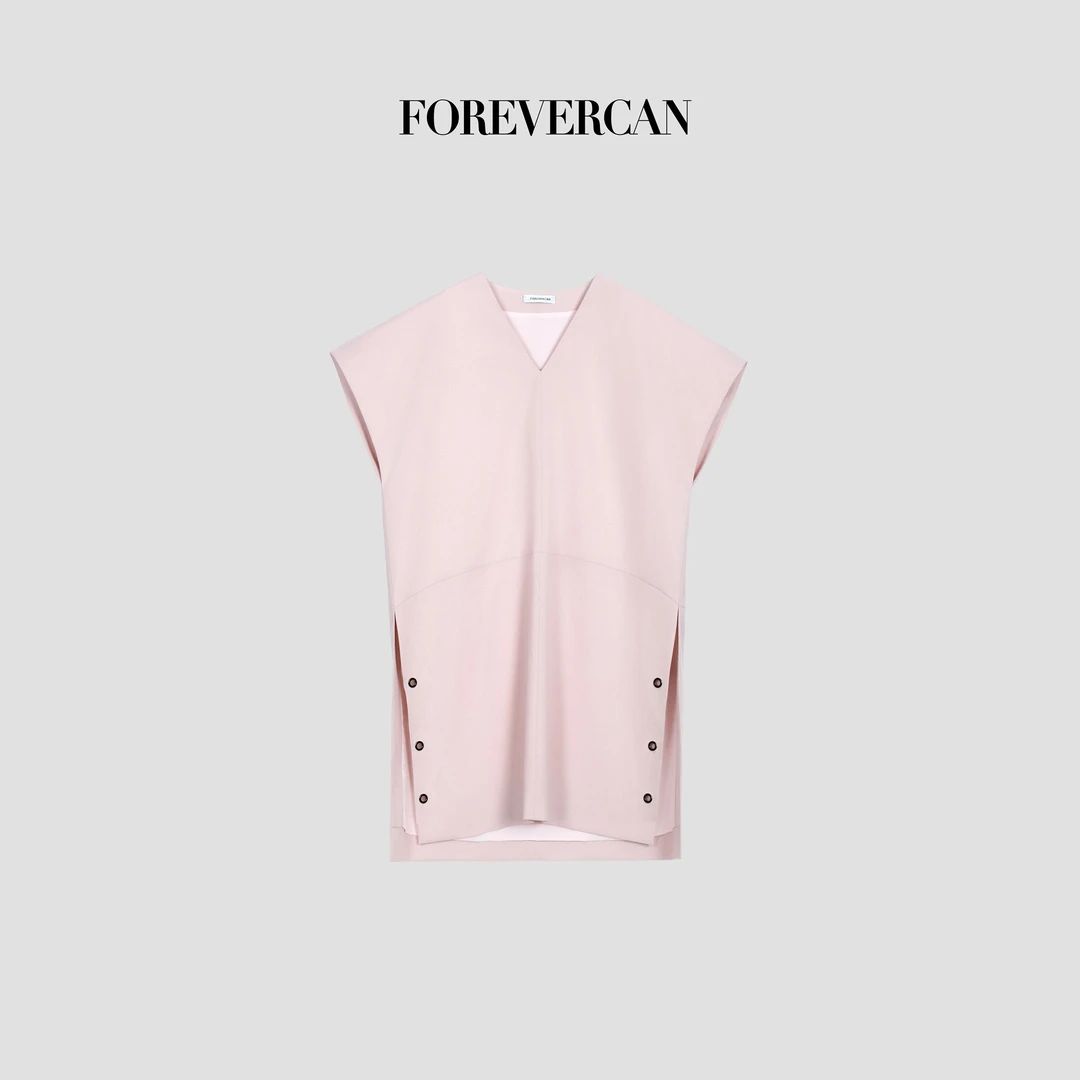 FOREVERCAN“裸粉代码”极简风立体剪裁V领短袖T恤连衣裙SD23430