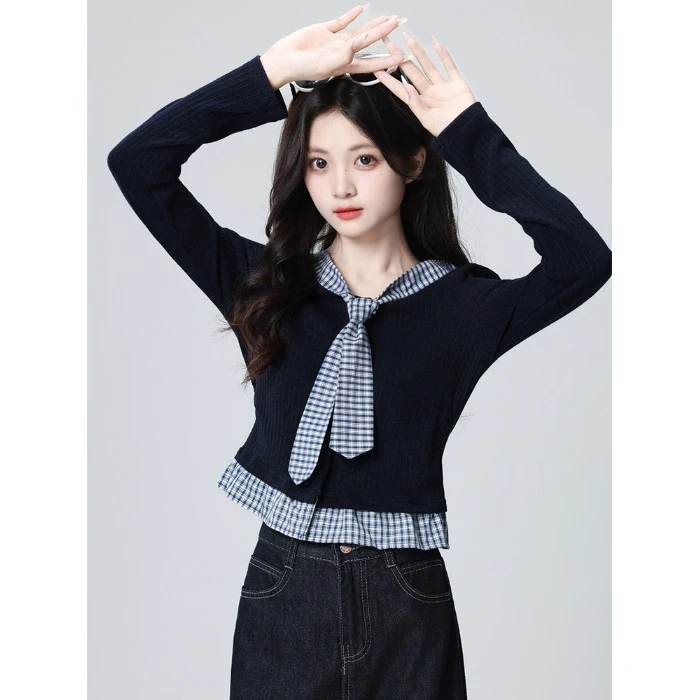 Not define假两件格子拼接v领长袖t恤女秋季小众修身显瘦正肩上衣