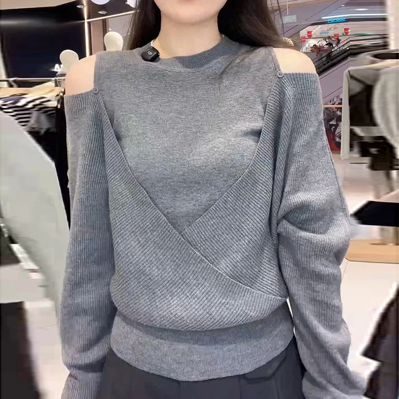 拼接假两件针织衫新款长袖上衣女早秋时尚款洋气独特漂亮小衫T恤