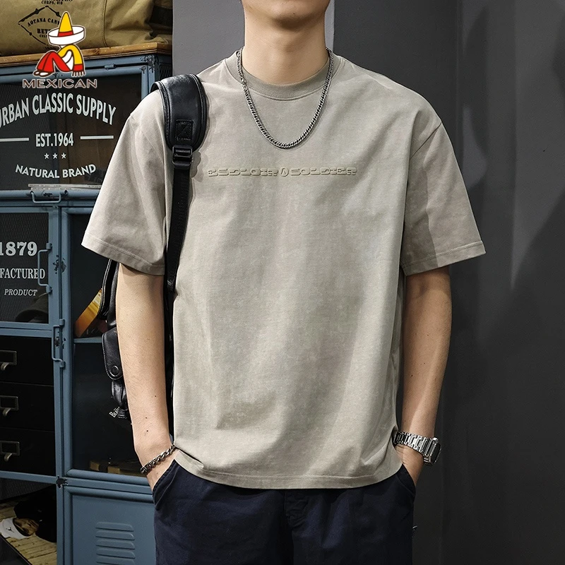 Mexican/稻草人美式发泡印花重磅男士t恤短袖夏季宽松半袖体恤潮