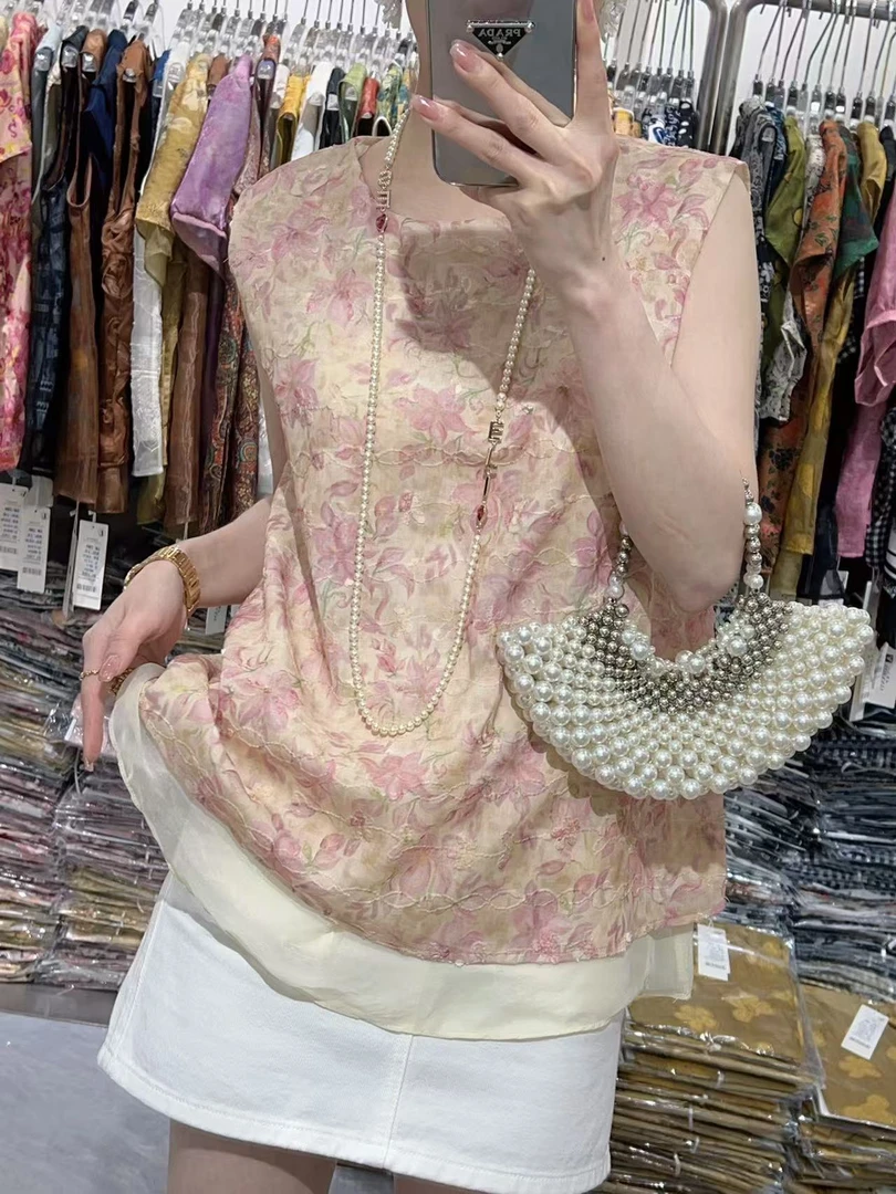 【钰姐精选】艾嫚28793-背心中式上衣夏季宽松型碎花中国风蕾丝复古