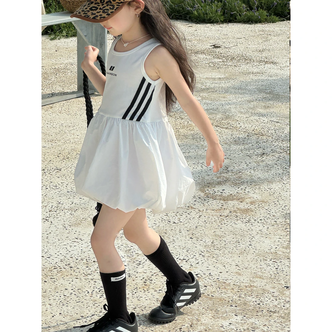 【现货】女童夏季韩版运动风休闲无袖连衣裙25夏儿童织带花苞蓬蓬裙