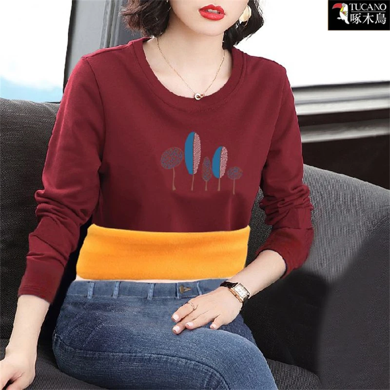 啄木鸟2025秋冬加绒加厚小众纯色上衣女新款圆领小众印花长袖T恤