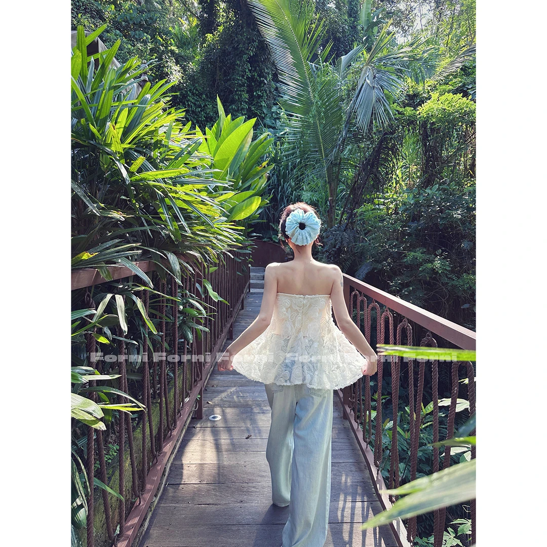 FORNI 西西里之花 重工立体拼接网纱蕾丝双层针织抹胸半裙套装