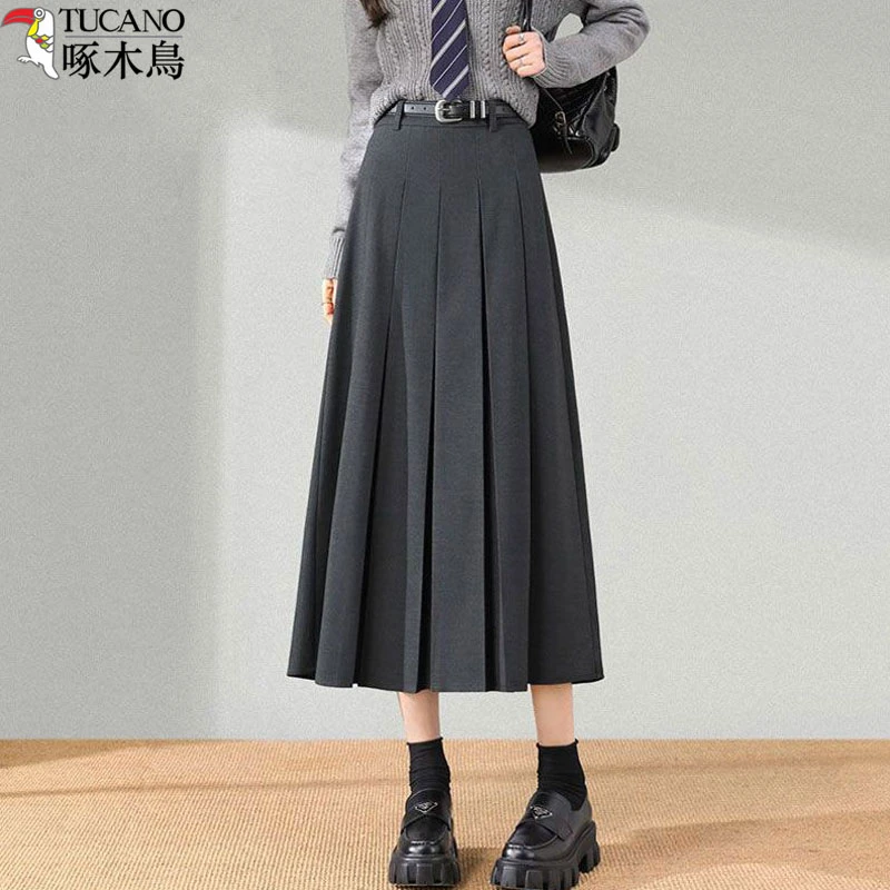 啄木鸟气质毛呢百褶裙女装秋冬季新款黑色高腰显瘦中长款长裙伞裙