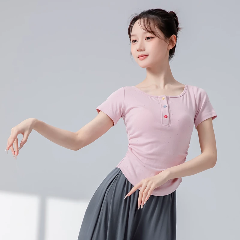 古典舞纽扣练功服短袖普拉提显瘦形体训练服装现代舞运动针织上衣