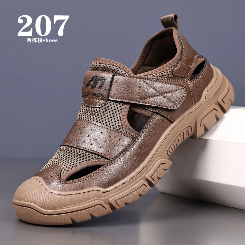 两栋拐真皮牛皮凉鞋男士夏季休闲透气洞洞鞋潮防滑包头户外沙滩鞋