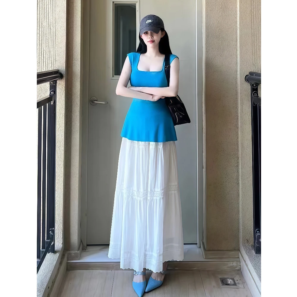 克莱因蓝色显白方领修身露腰针织上衣高腰半身裙休闲多巴胺套装