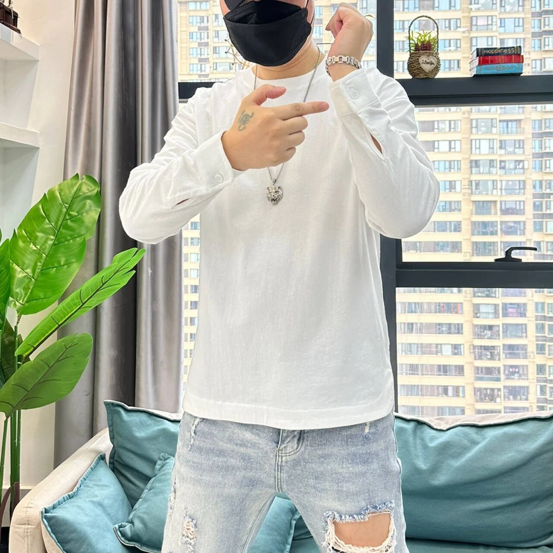 男士秋季新款休闲百搭衬衫手袖下摆开衩高级感打底衫纯棉宽松卫衣