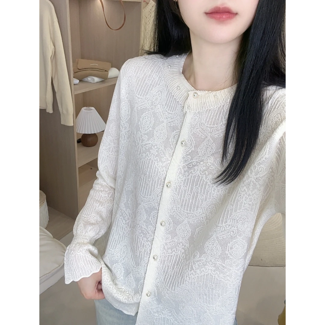 薄款圆领花边领纯色长袖针织开衫女百搭上衣气质甜美减龄