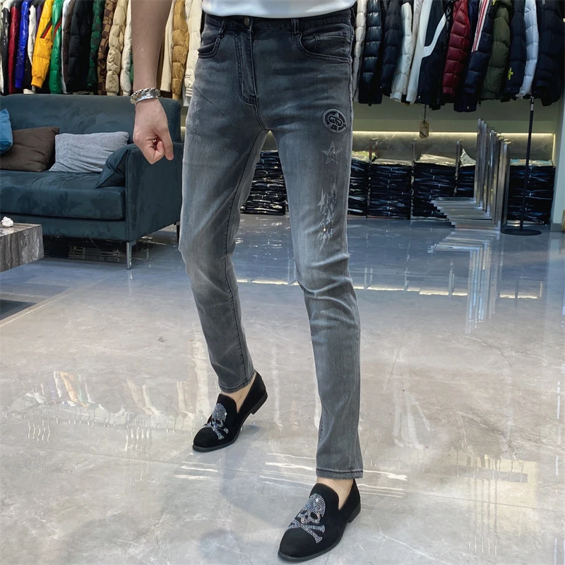【 也许家】新品夏季男士欧货修身弹力小脚牛仔裤灰色男裤LB5819