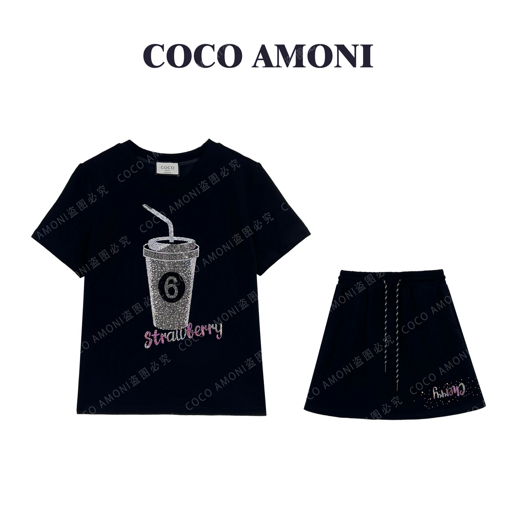 2025夏日爆款高级设计师女装拼接重工钻水杯高端套装ZC377