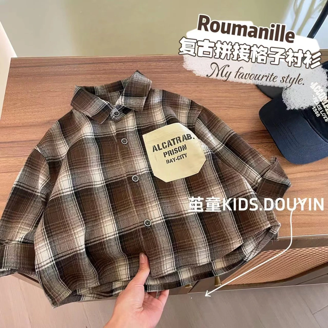 【麦麦妈】Q405春秋小童复古拼接衬衫秋季新品男女宝宝休闲时尚