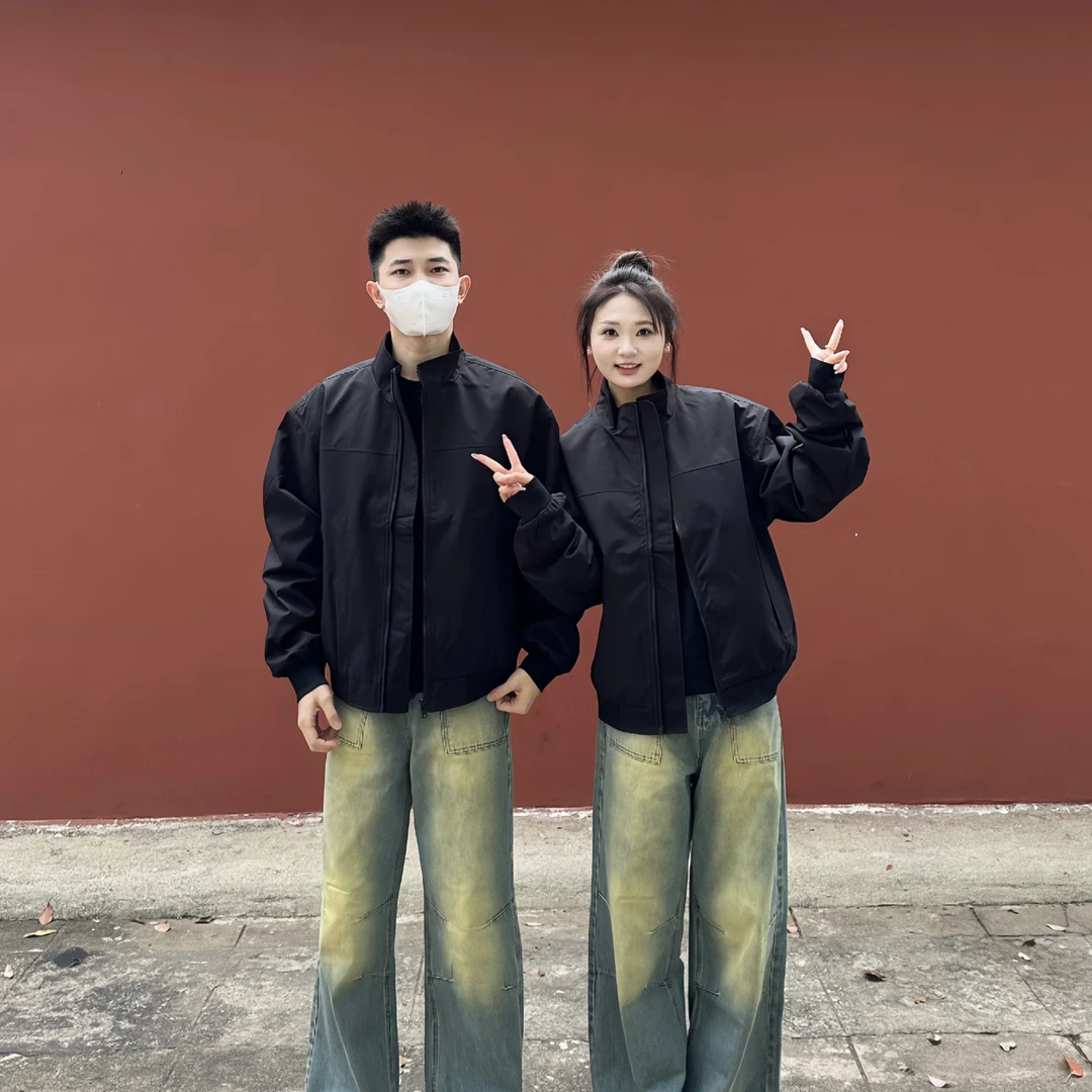 3KU夫妇春季薄款立领纯色夹克外套上衣男女情侣百搭宽松潮HJ5773