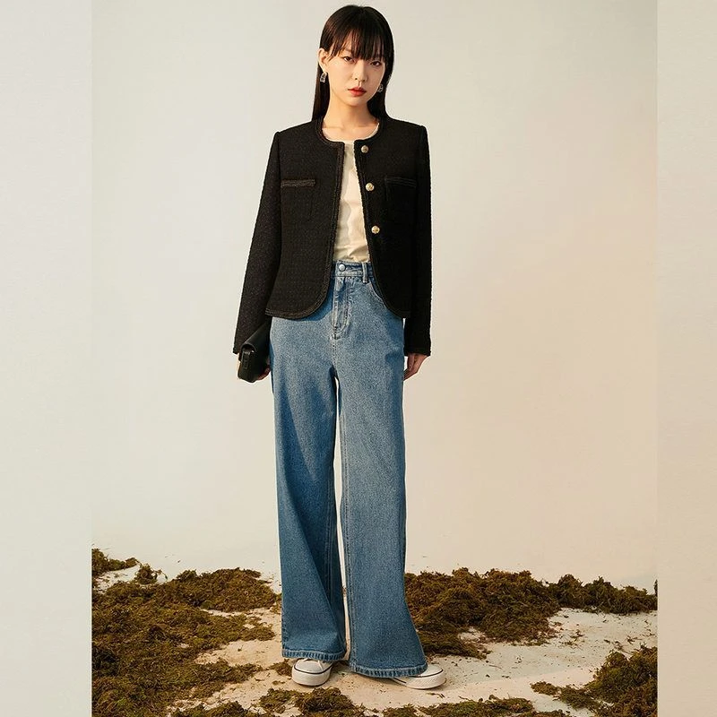 【盛都】春秋经典小香风金扣圆领小个子通勤短款上衣外套女