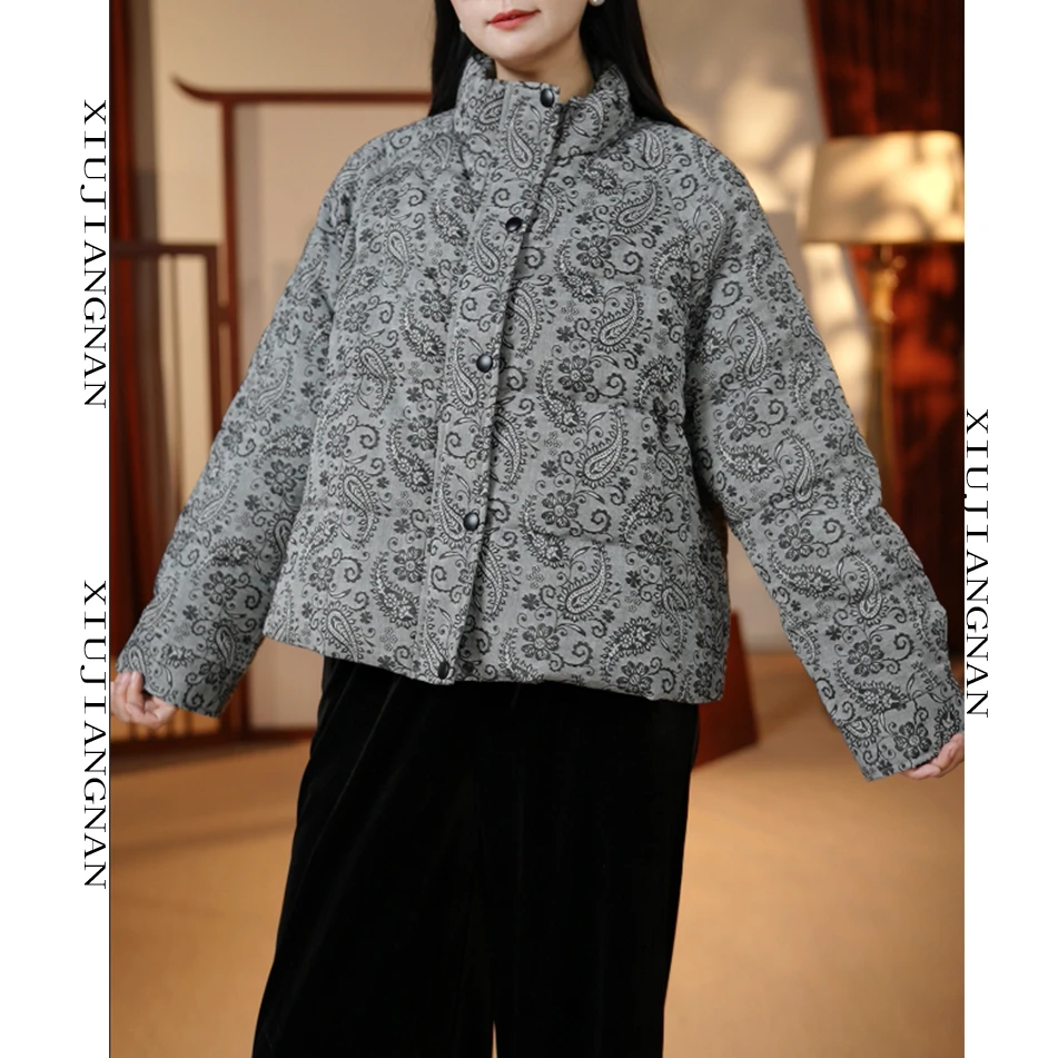 88277-复古腰果花暗纹立领鹅绒服女短款加厚保暖宽松休闲冬季外套