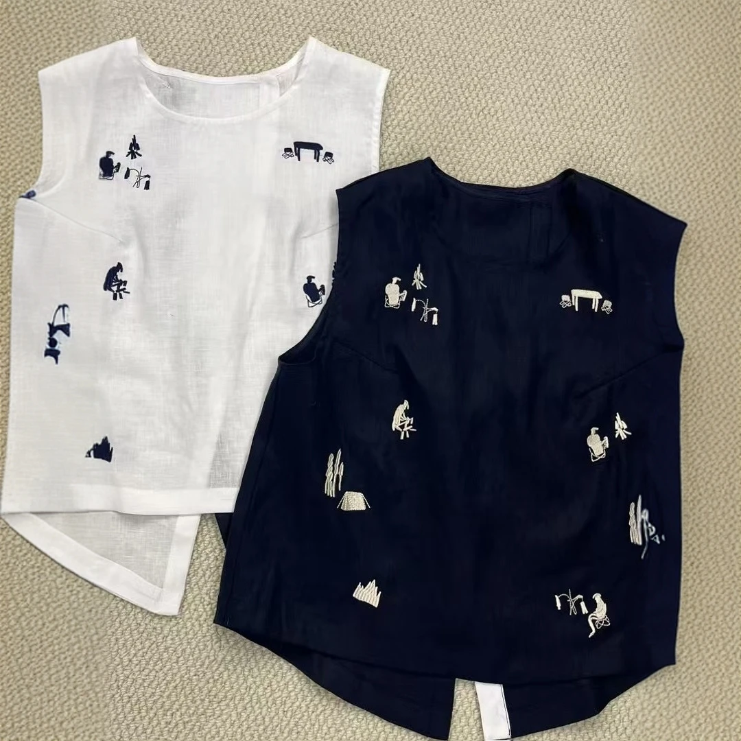 1266韩系MY设计感重工卡通刺绣背后扣子开叉无袖背心纯棉衬衫衬衣