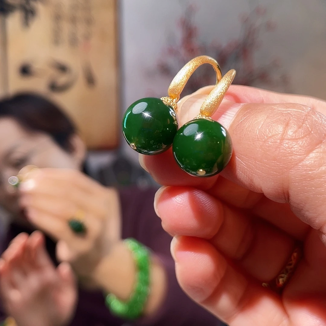 银S925镶嵌和田玉（碧玉）耳饰碧玉耳坠