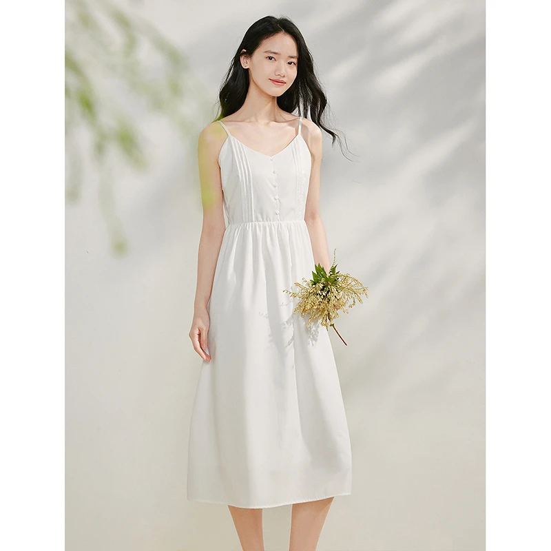 【绿子专属】茵曼法式气质压褶吊带裙收腰通勤连衣裙QCY1842028
