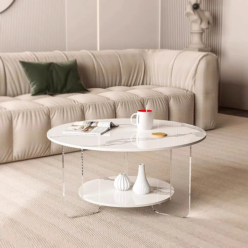 轻奢岩板亚克力悬浮可移动茶几圆形客厅家用小户型简约奶油风款