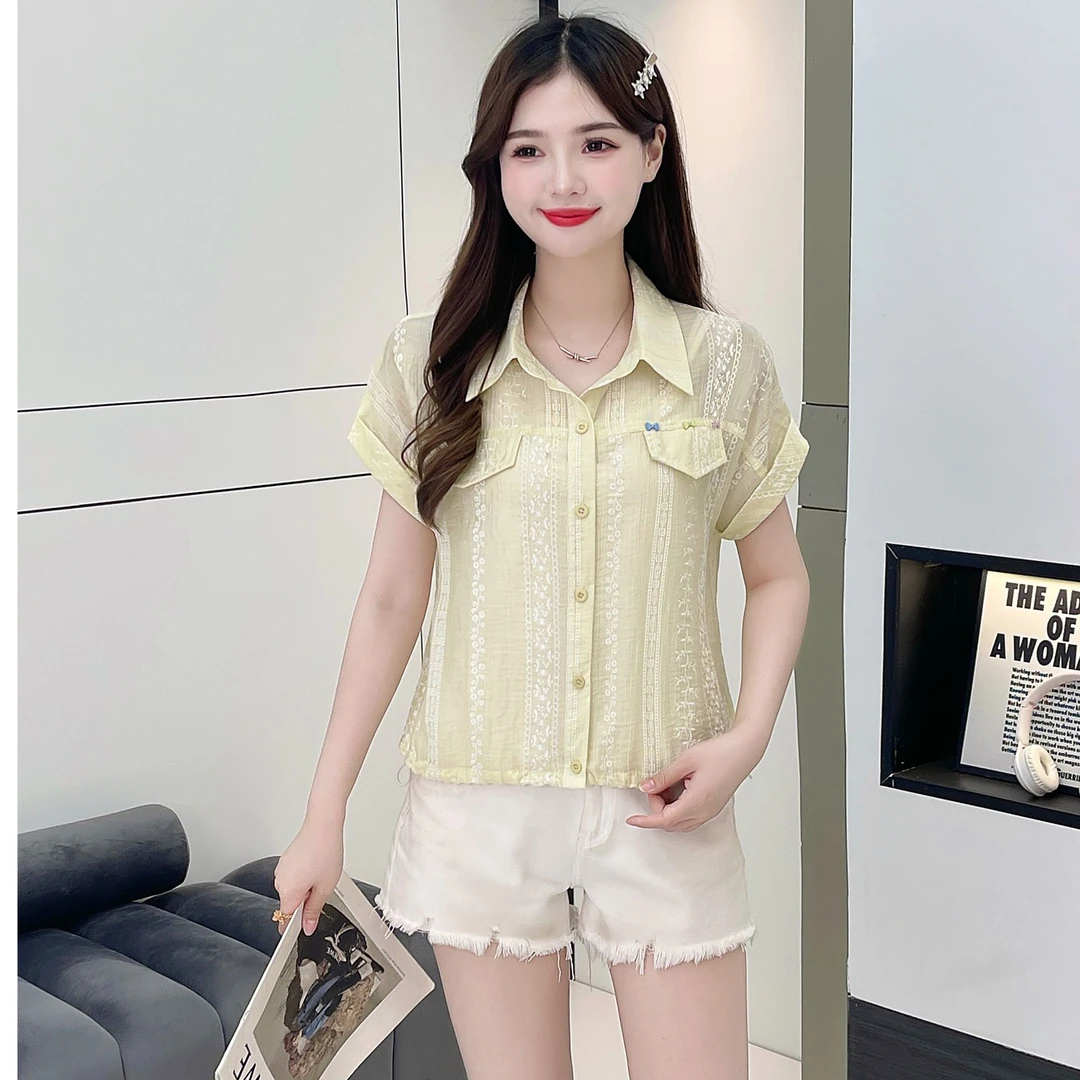 文艺绣花夏时尚洋气衬衫上衣女短款短袖宽松显瘦女装2596#衣长52