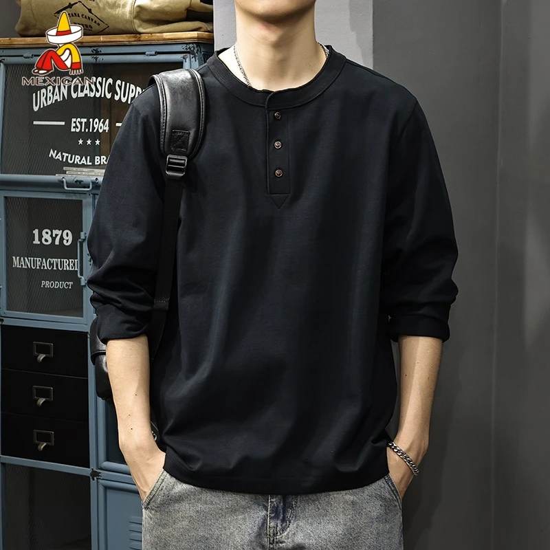 Mexican/稻草人美式复古亨利领长袖t恤男士秋季宽松纯棉打底卫衣