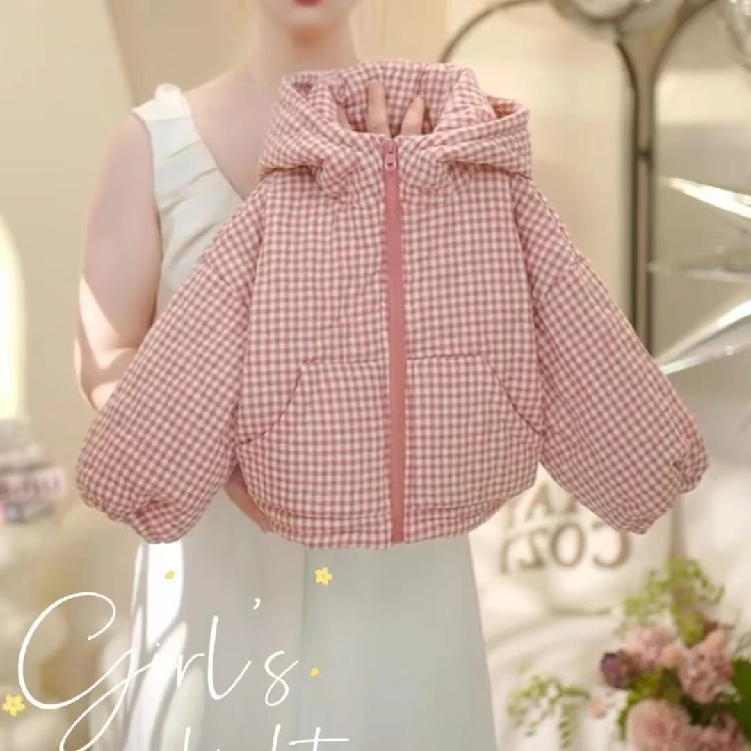 男女童韩版格子加绒棉衣2025冬季保暖新款洋气加厚连帽棉服外套