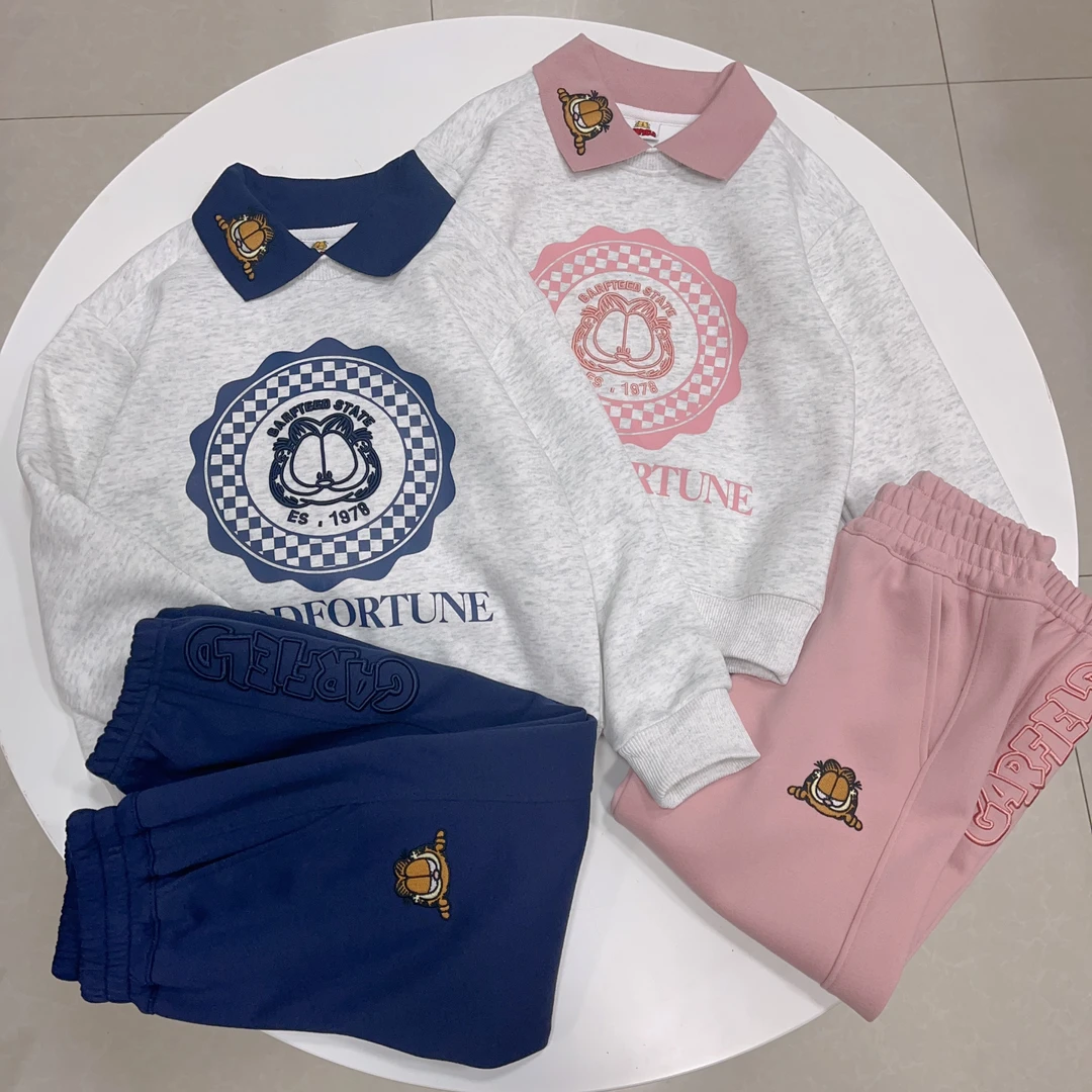 （春季25年春款）加菲猫儿童套装刺绣POLO领韩系男童女童小中大童