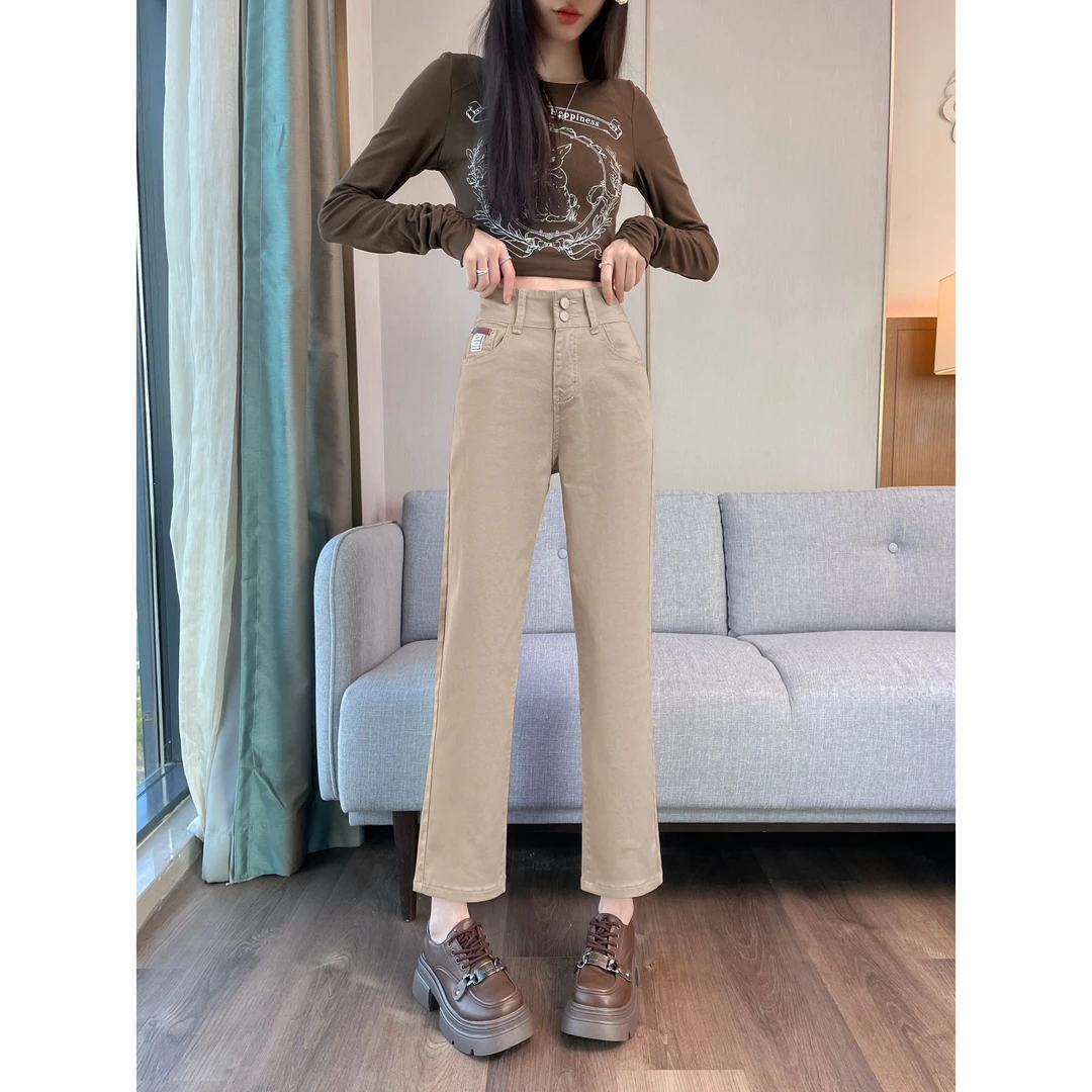 3172卡其色休闲裤女2024春秋新款高腰显瘦直筒烟管裤百搭女裤