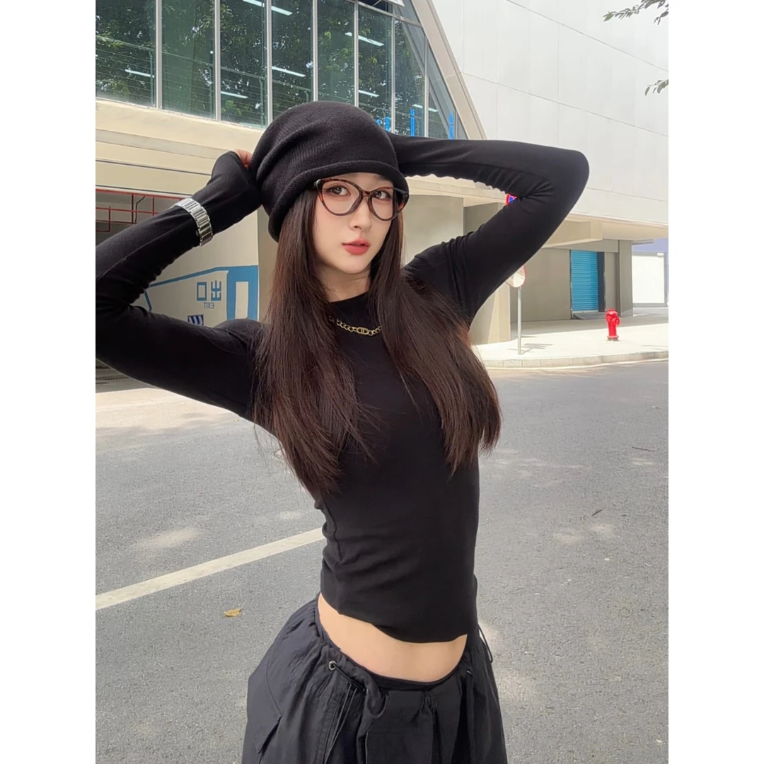 638美式女款T恤修身型圆领女常规款休闲极简百搭长袖