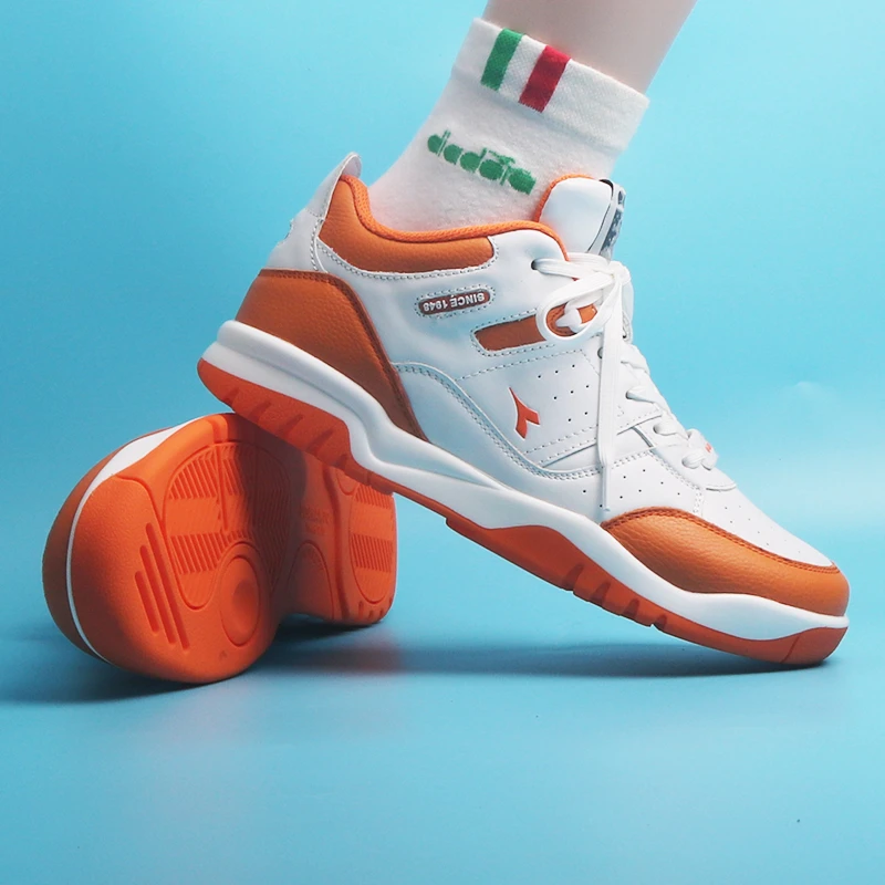 迪亚多纳运动鞋中帮男鞋头层牛皮牛筋底运动休闲鞋网球百搭小白鞋