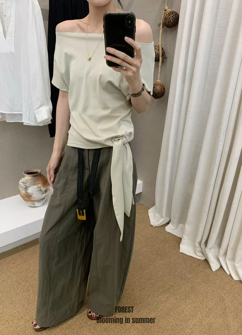 米古古FO 87233#新 慵懒斜肩舒适绑带针织上衣（衣长58）