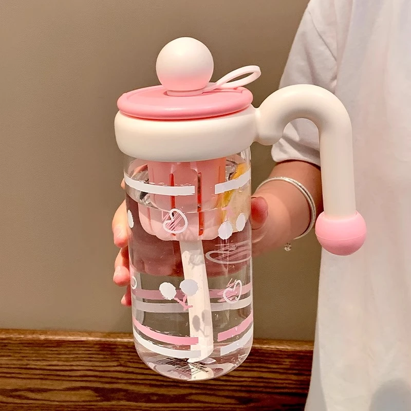 可爱大容量水杯带吸管玻璃杯女生高颜值2025新款茶水分离杯子手提