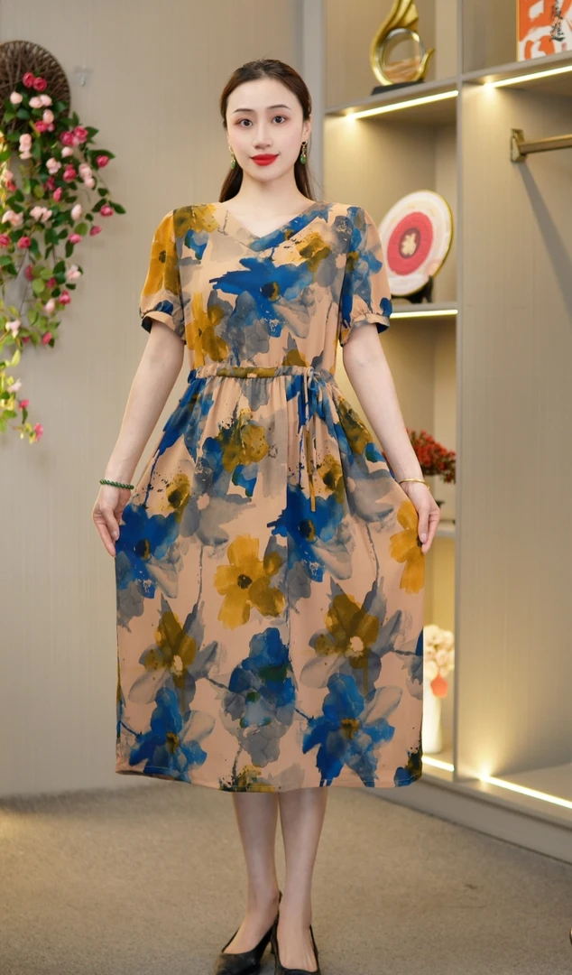 新款妈妈装长裙显瘦收腰洋气【墨成花】时尚气质YL