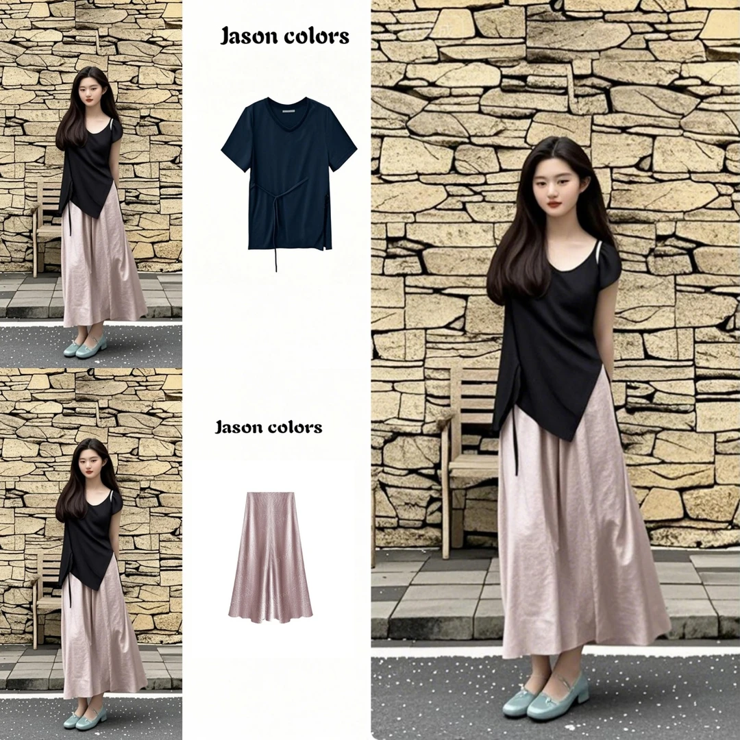 2025夏季新款下摆不规则开叉设计收腰黑色上衣+樱花粉半身裙