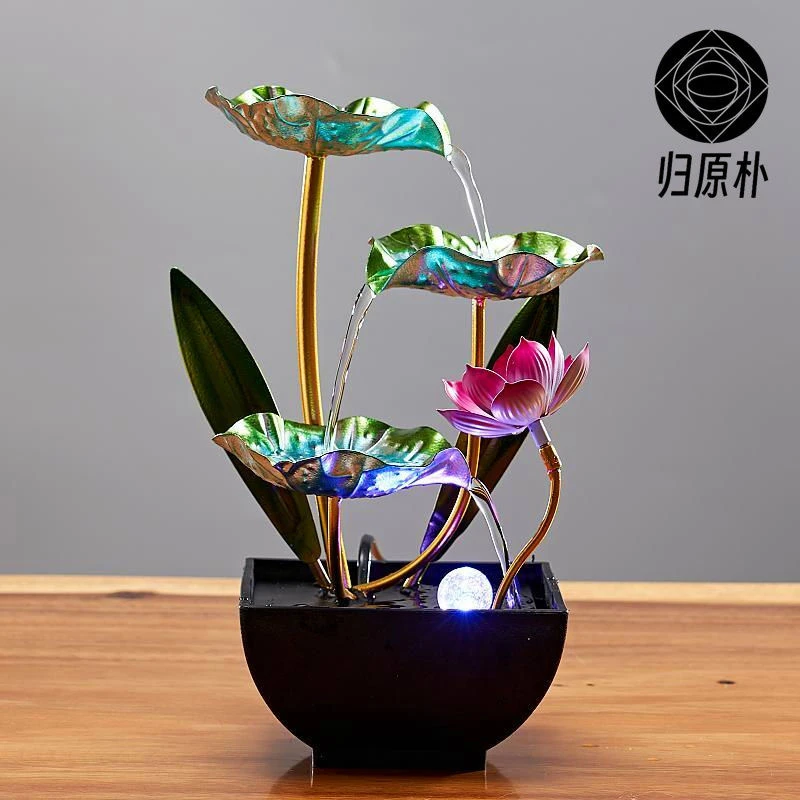 旗旺 新款中式流水摆件家用客厅荷花循环加湿生财办公茶桌装饰
