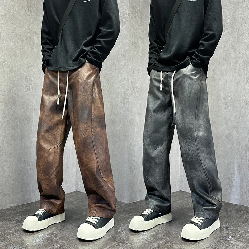 高级感弯刀机车骑行皮裤男新款扎染宽松直筒裤痞帅潮牌防风休闲裤