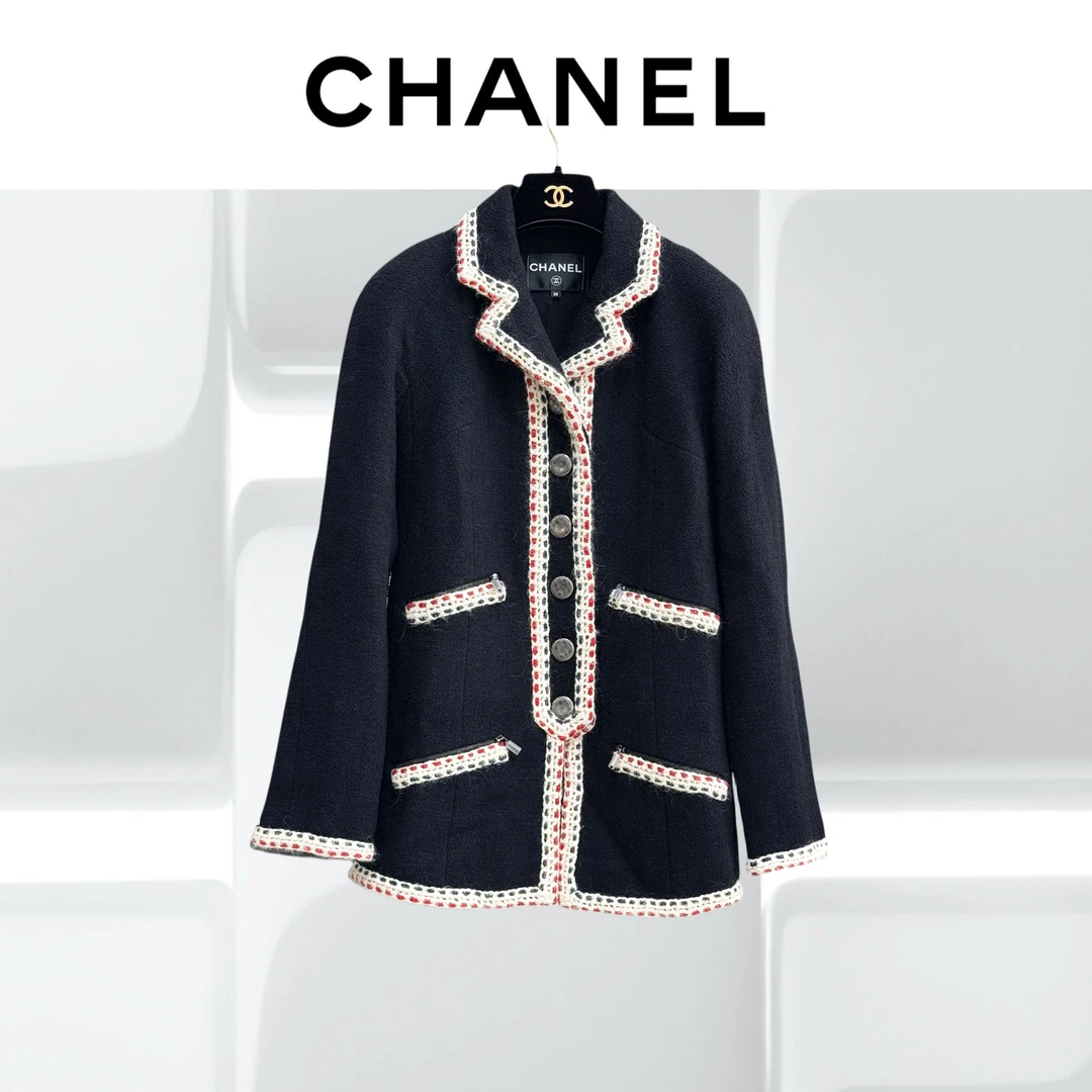 99新 Chanel/香奈儿 36码汉堡系列红白撞色滚边蓝黑色外套