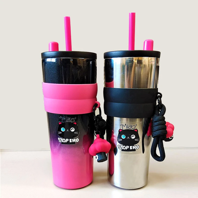 学生便携网红可爱大容量防摔吸管杯创意斜跨咖啡杯高颜值316不锈