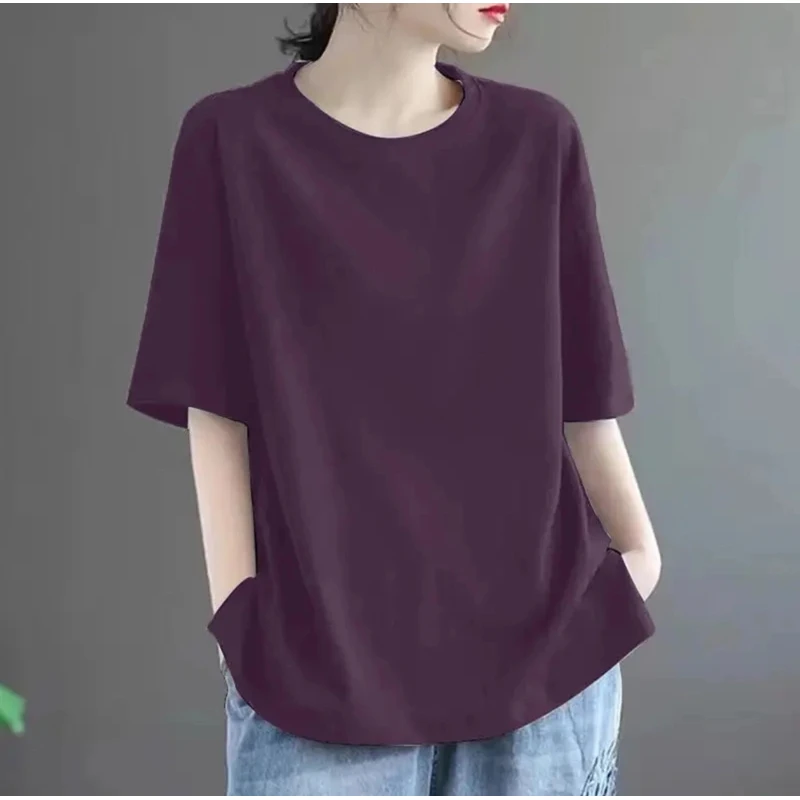 【超划算优质纯棉】纯色宽松休闲t恤短袖百搭大码中长款彩色时尚女