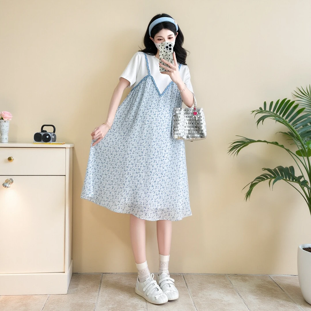 孕妇装假两件拼接连衣裙夏季新款时尚高级感短袖小个子碎花连衣裙