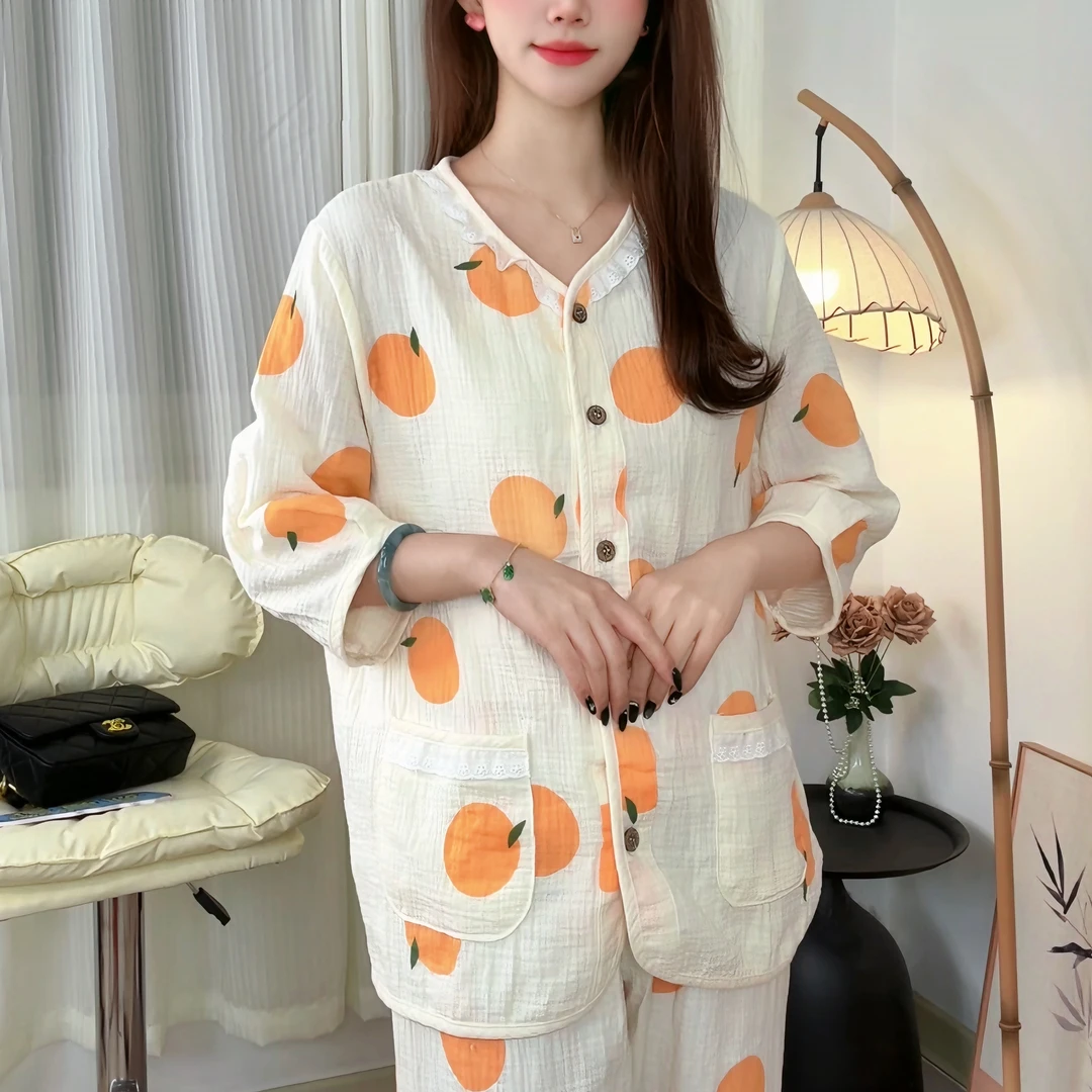母婴级A类100%棉春夏新款【十里桃花】七分袖长裤套装睡衣家居服9