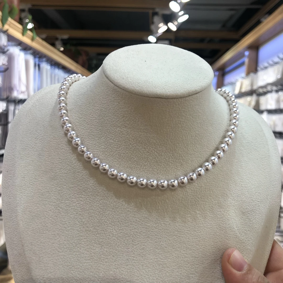 链子925银仿珍珠 新款S925纯银6mm正圆曼塔玫瑰粉珍珠项链元宝扣