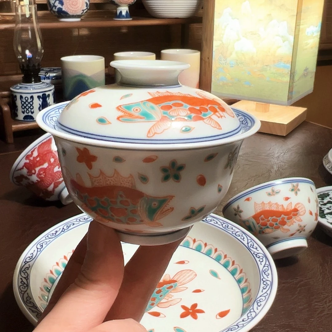 盖碗瓷精品手绘红绿彩盖碗福利价