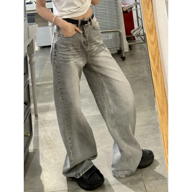 180高个子加长版灰色复古阔腿牛仔裤女垂感宽松175超长直筒拖地裤