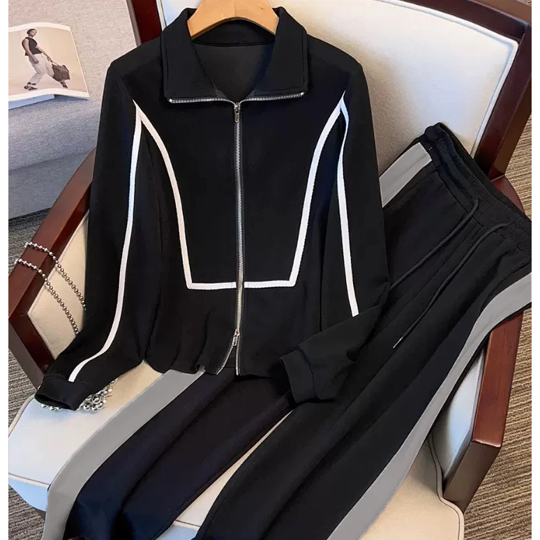 【大码】女装111休闲卫衣早秋女新款设计感抽绳松紧腰阔腿长裤套装